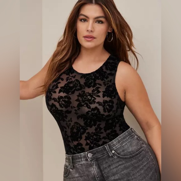 NWT Torrid Flocked Roses Black Bodysuit snap crotch Witchy Layering size 5X - Picture 2 of 13